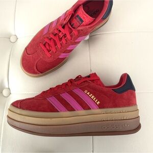 Adidas Gazelle Bold Suede Sneakers with Pink Stripes and Gum Sole